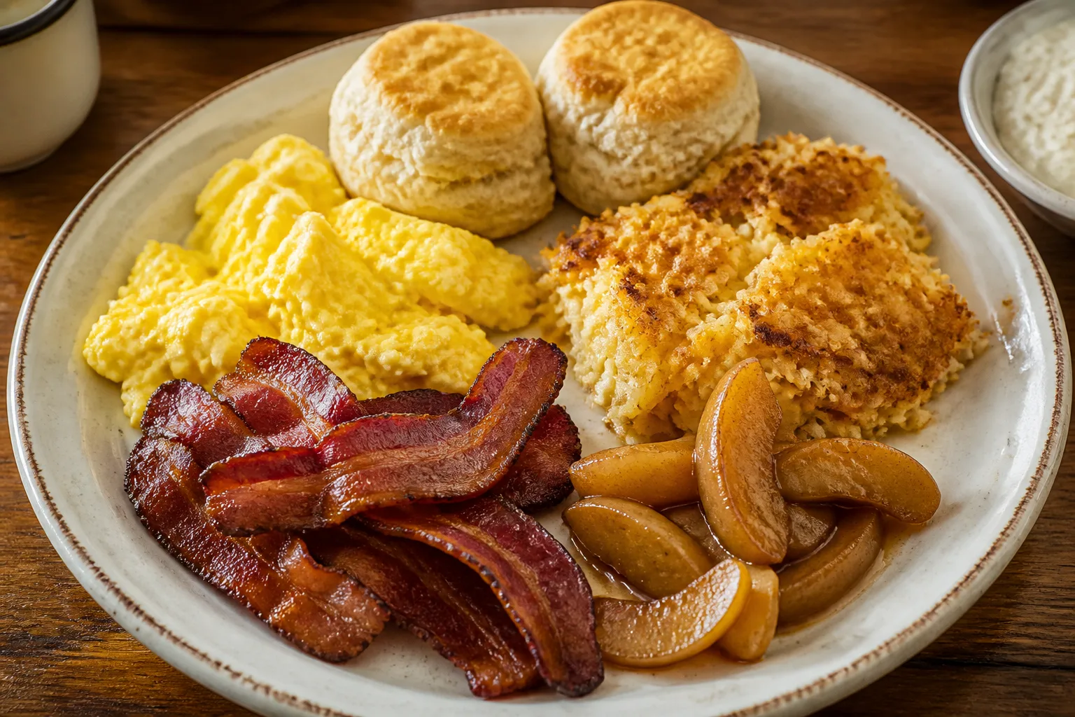 Cracker Barrel breakfast plate with biscuits, eggs, bacon, and hashbrown casserole
