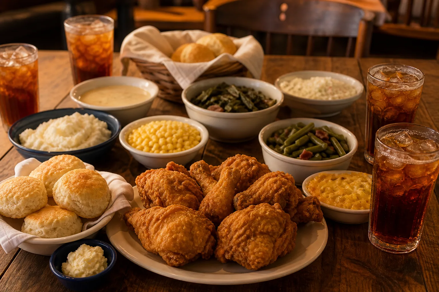 Cracker Barrel family meal spread with fried chicken, sides, and biscuits